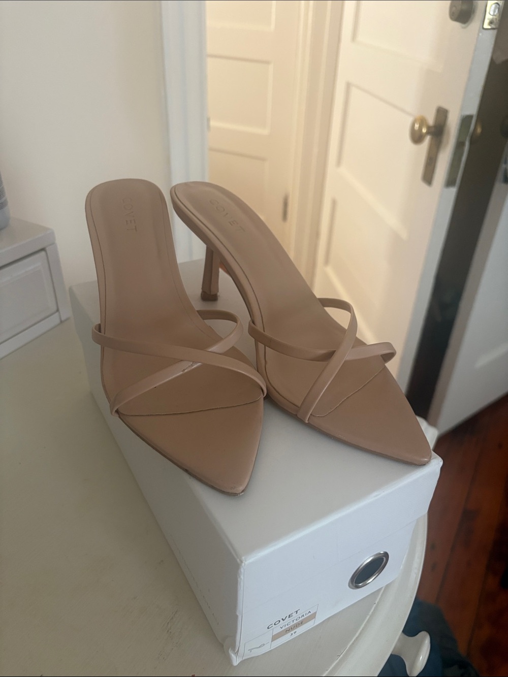 Nude Pointed-Toe Strappy Heels